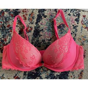 Victoria's Secret Padded Demi Underwire Hot Pink Lace Bra Size 34C